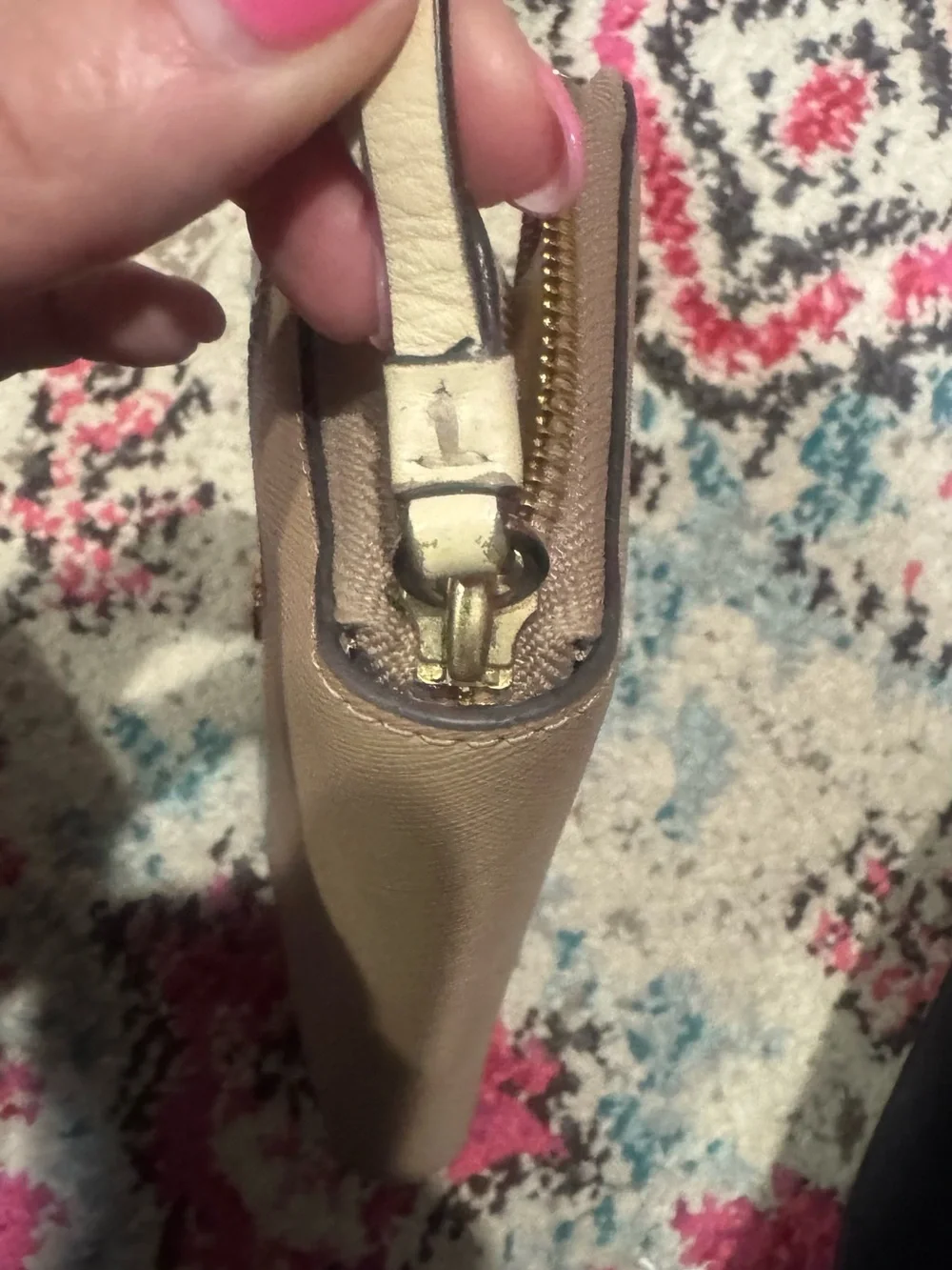 Tory Burch Two-Tone Leather Zip Wallet in Beige
